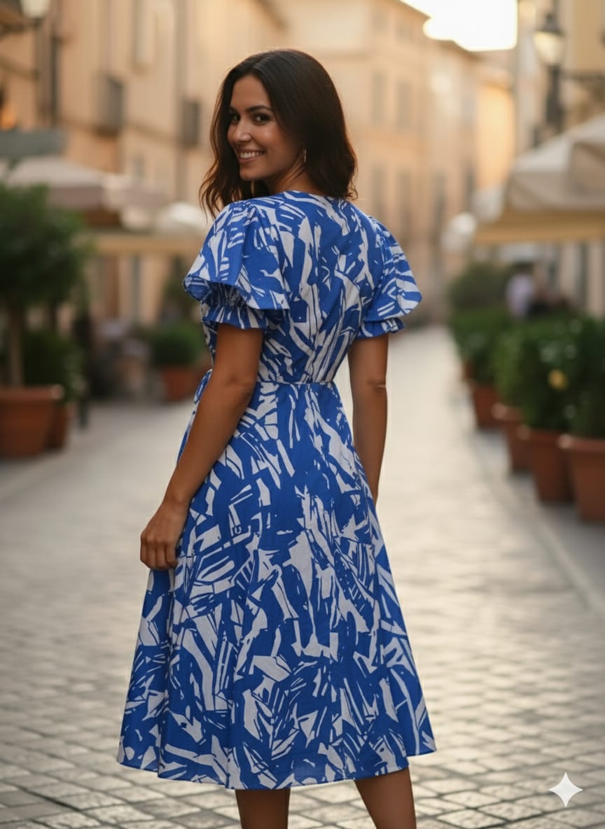 Cobalt Blue & White Abstract Print Cotton Midi Dresses with Puff Sleeves | Western Wear