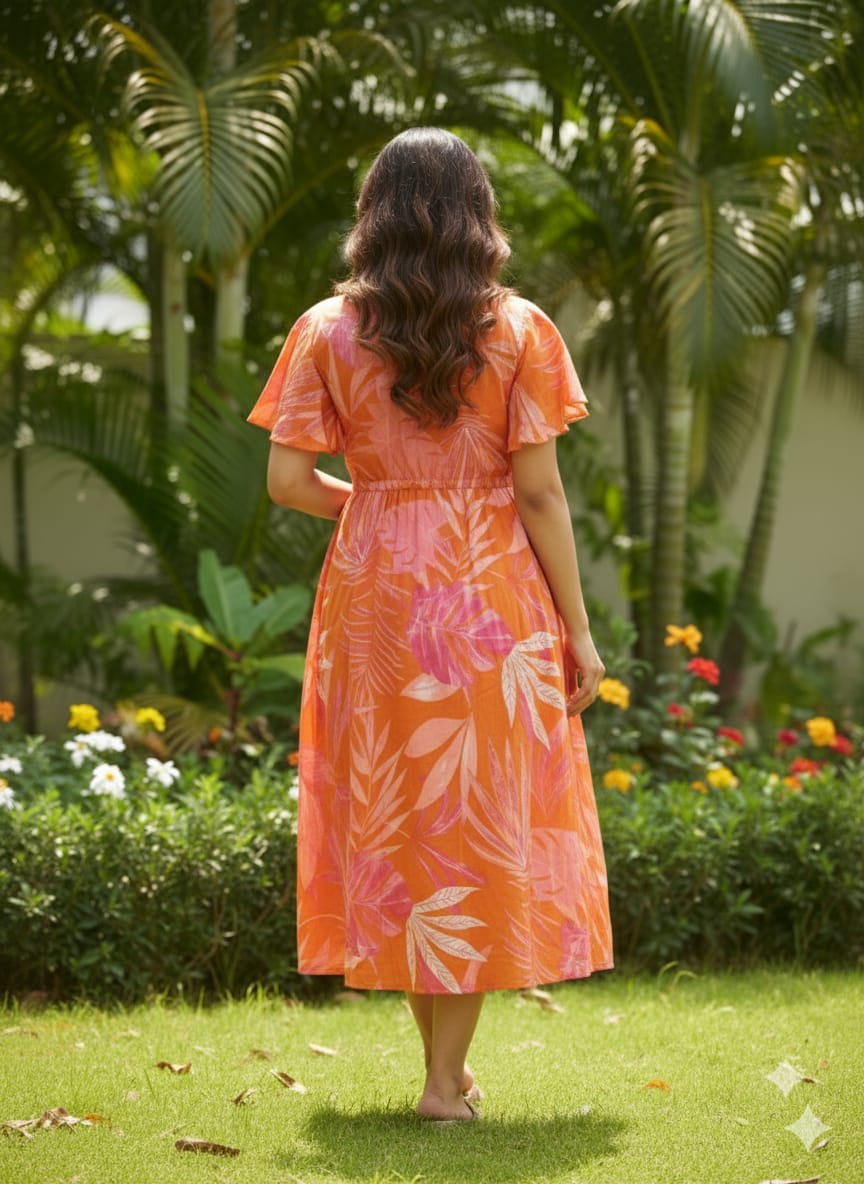 Sunset Orange & Pink Tropical Leaf Print V-Neck Cotton Midi Dresses | Western Wear