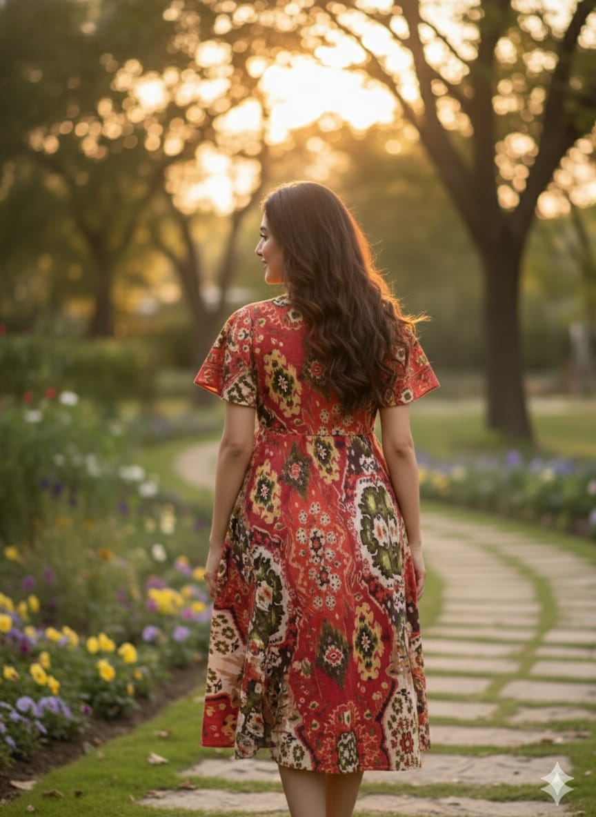 Heritage Maroon Kalamkari/Ikat Print V-Neck Cotton Midi Dresses | Western Wear
