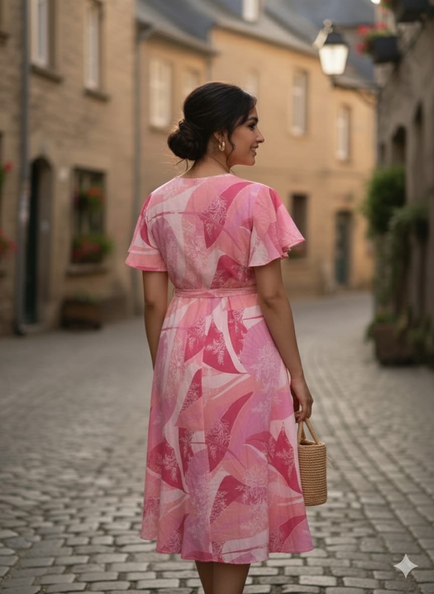 Blush Pink Abstract Floral Print V-Neck Cotton Midi Dresses | Western Wear