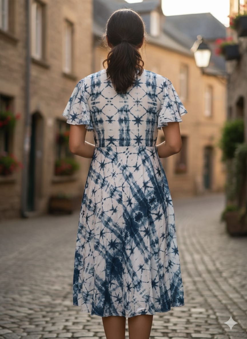 Indigo Blue Shibori/Tie-Dye Print V-Neck Rayon Midi Dresses | Western Wear
