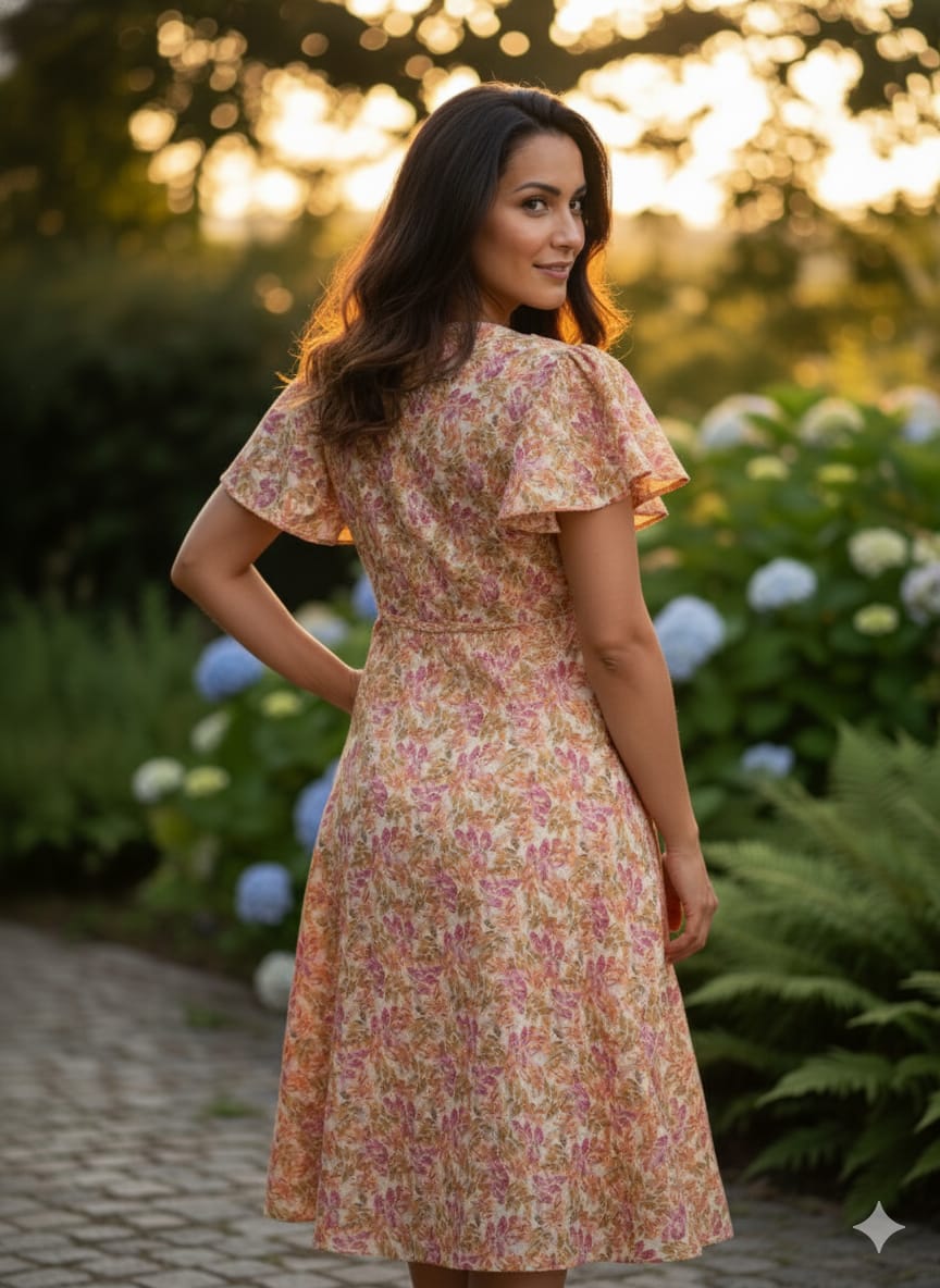 Soft Peach & Pink Floral Print V-Neck Cotton Midi Dresses | Western Wear