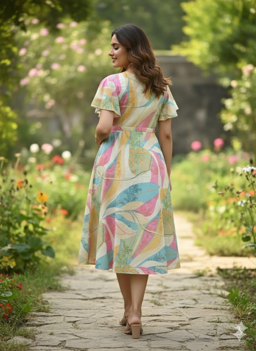 Pastel Multi-Color Leaf Print V-Neck Cotton Midi Dresses | Western Wear