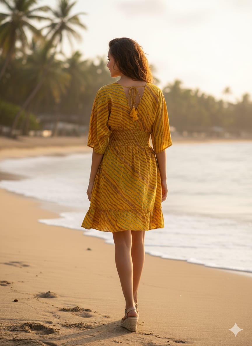 Yellow Printed Cotton Dresses | Midi Dresses | Western Wear