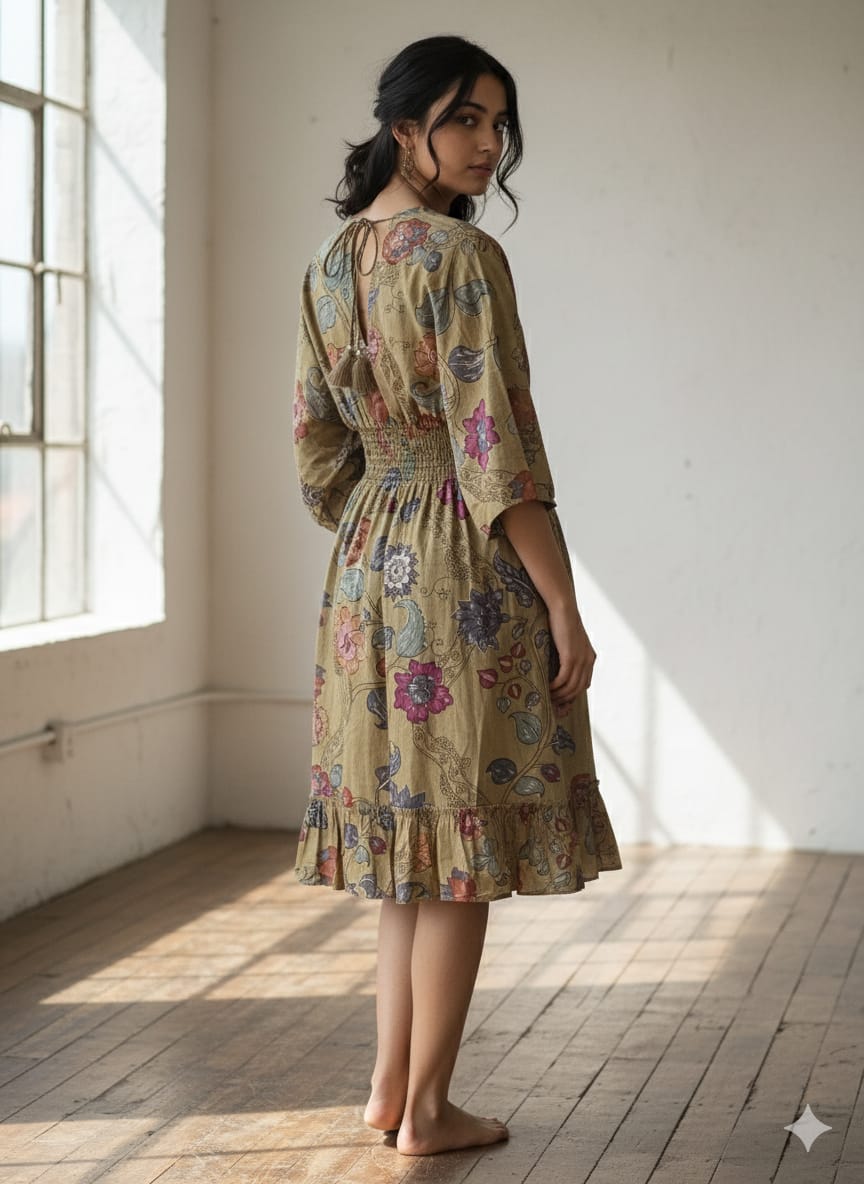 Olive Floral Printed Cotton Dresses | Midi Dresses | Western Wear