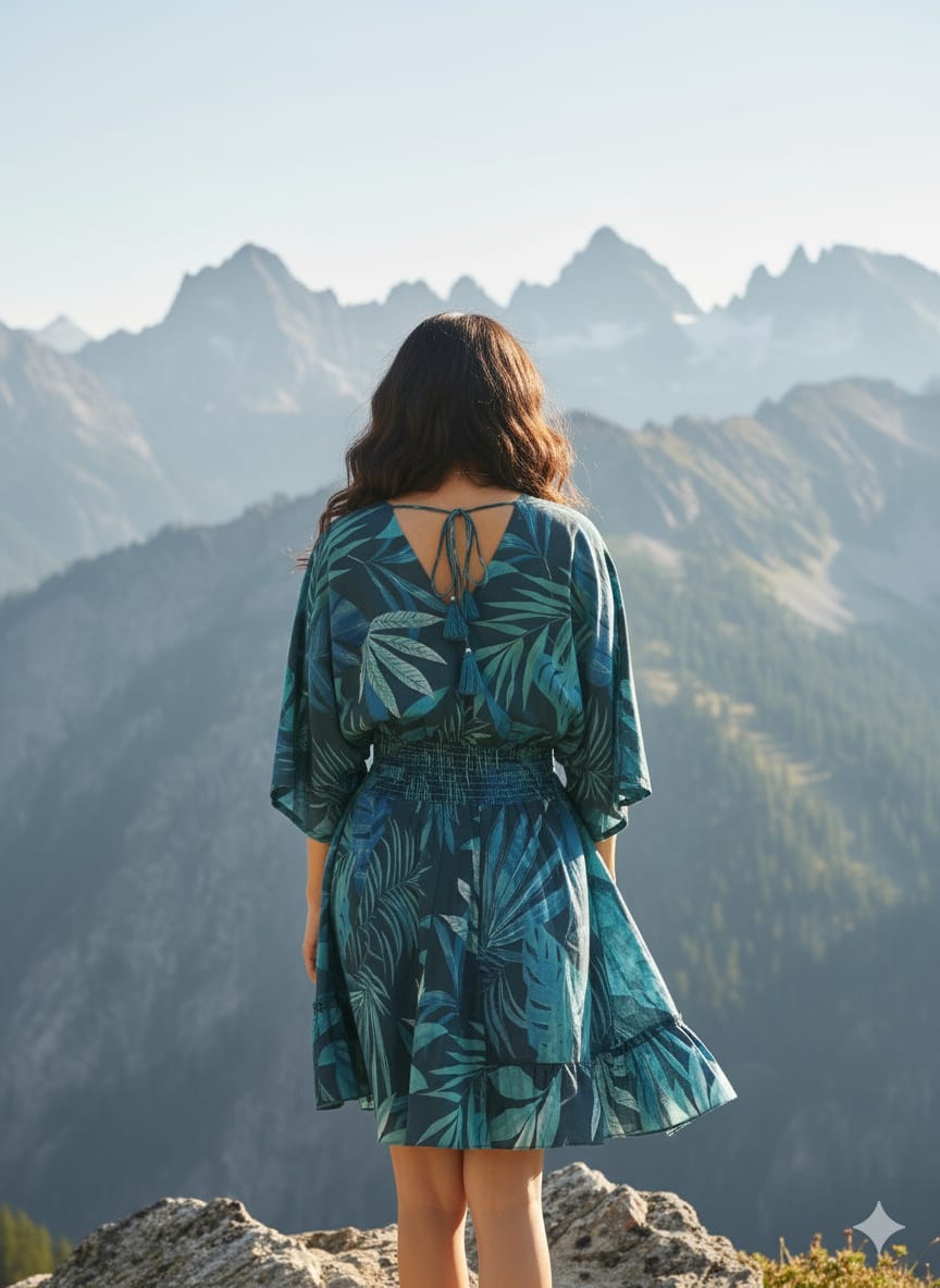 Green & Blue Tropical Printed Cotton Dresses | Midi Dresses | Western Wear