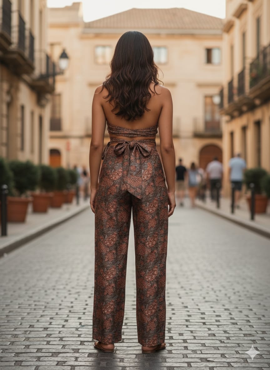 Floral Wrap Crop Top  & Straight Pants Co-ord Sets | Two-Piece Outfit