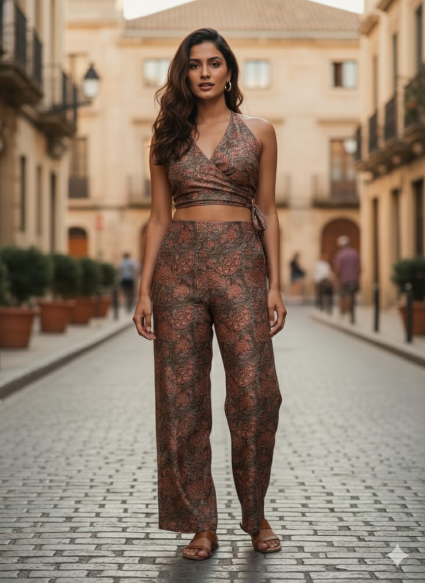 Floral Wrap Crop Top  & Straight Pants Co-ord Sets | Two-Piece Outfit