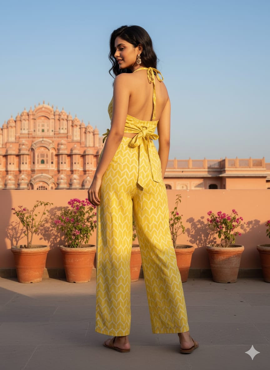 Sunshine Yellow Ikat Print Co-ord Sets | Chanderi Wrap Top & Pants