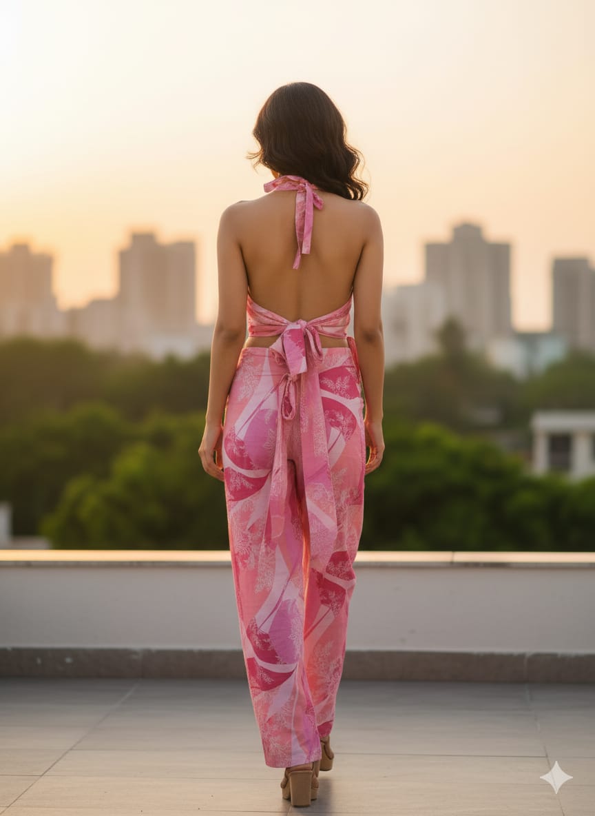 Pink Abstract Printed Co-ord Set for Women - Halter Neck Crop Top & Wide-Leg Pants