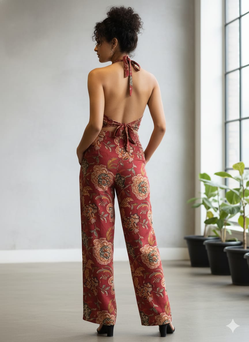 Rust Floral Chanderi Halter Neck Co-ord Set