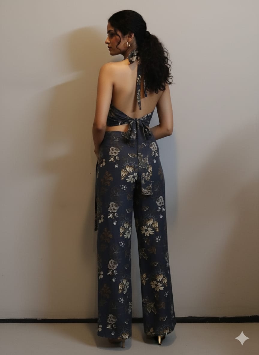 Floral Halter Neck Backless Crop Top & Wide-Leg Pants Co-ord Set