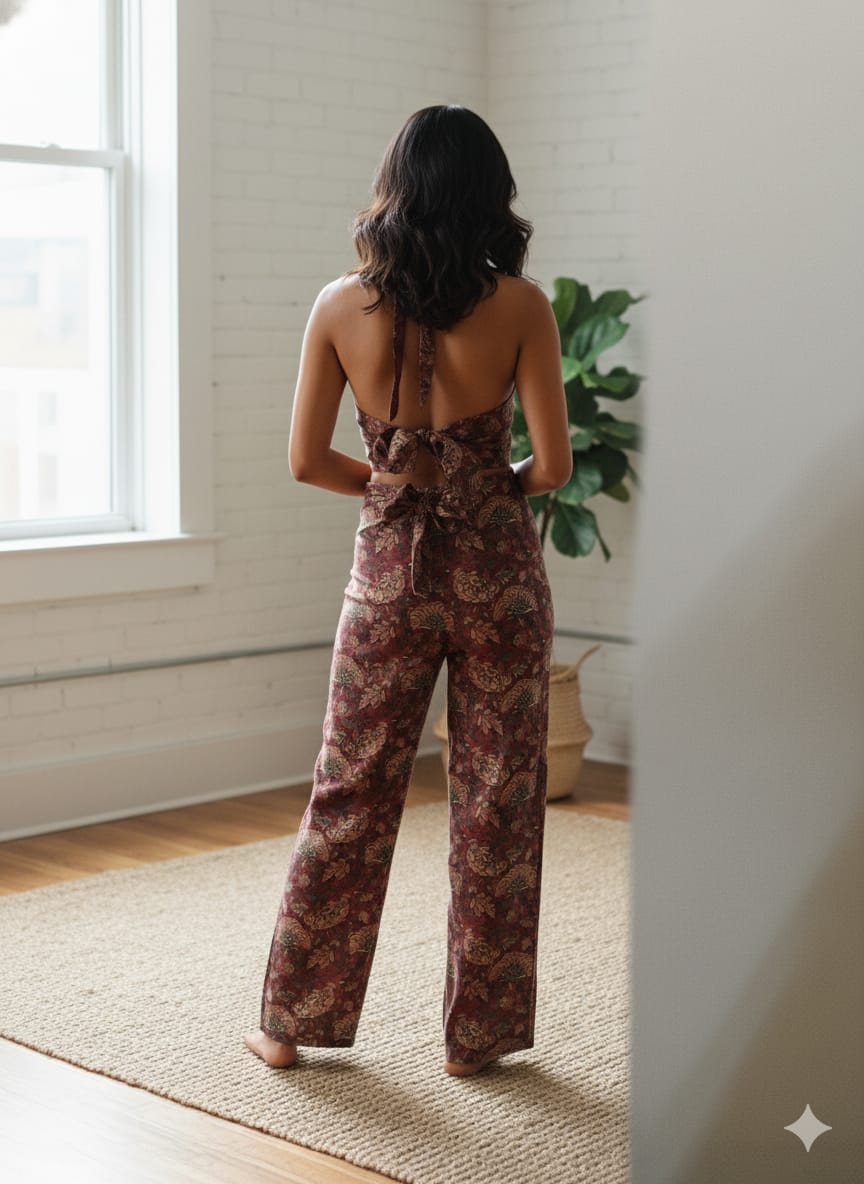Floral Chanderi Halter Neck Crop Top & Wide-Leg Pants Co-ord Set