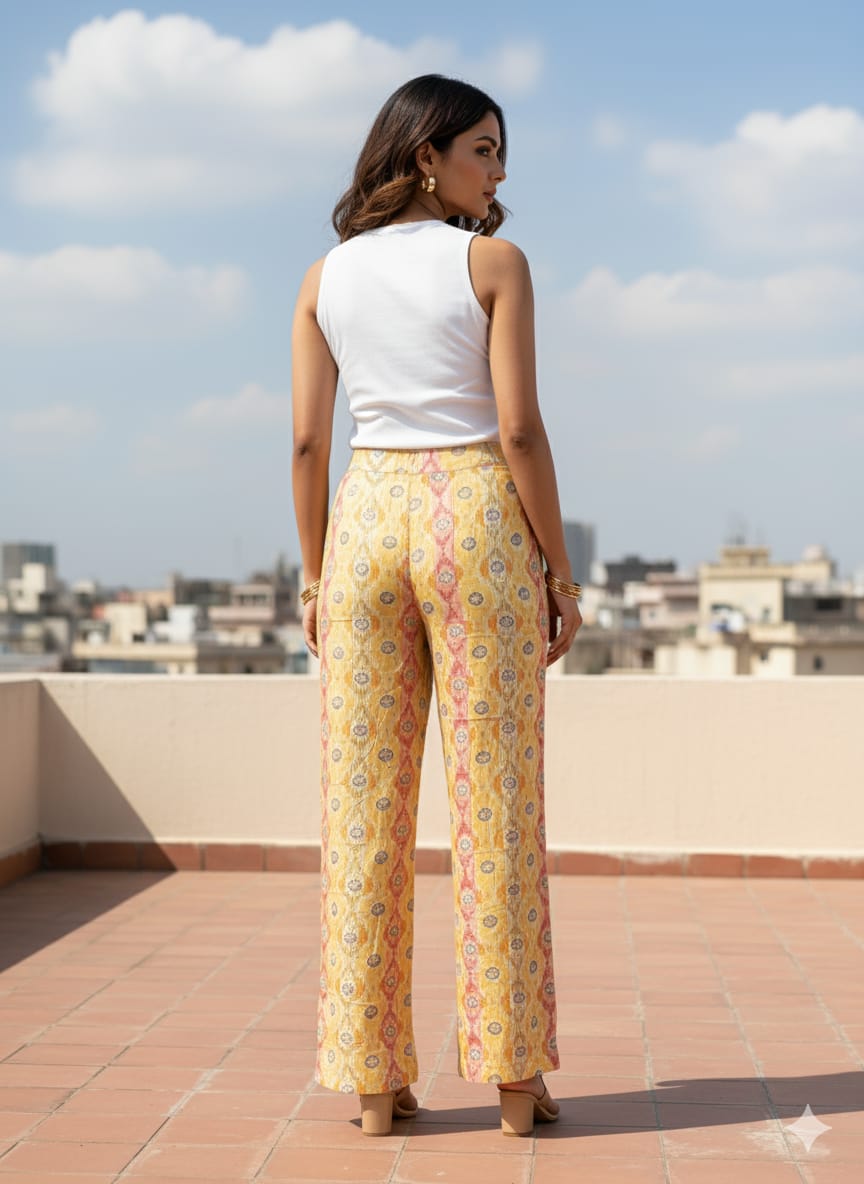 Yellow Printed Chanderi Wide Leg Pants for Women