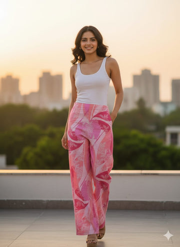 Pink Printed Cotton Straight Pants for Women