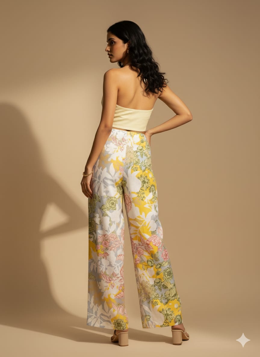 Yellow Floral Printed Chanderi Straight Pants for Women