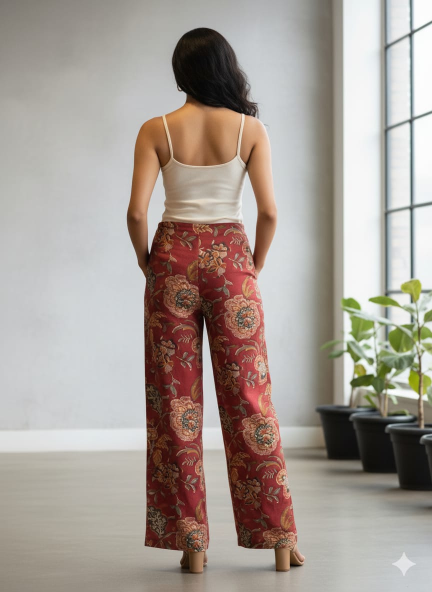 Maroon Floral Printed Chanderi Straight Pants for Women