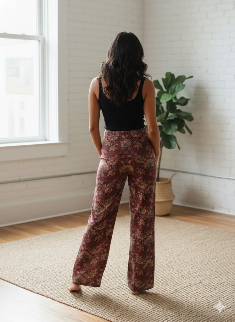 Brown Printed Chanderi Wide Leg Pants for Women