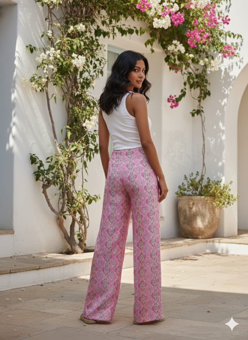 Pink Printed Chanderi Wide Leg Pants for Women