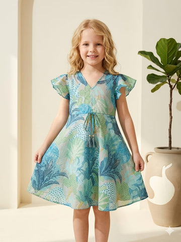 Baby Girls Blue Jaal Printed Chanderi Umbrella Style A-Line Dress with Flutter Sleeves