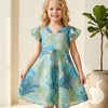 Baby Girls Blue Jaal Printed Chanderi Umbrella Style A-Line Dress with Flutter Sleeves