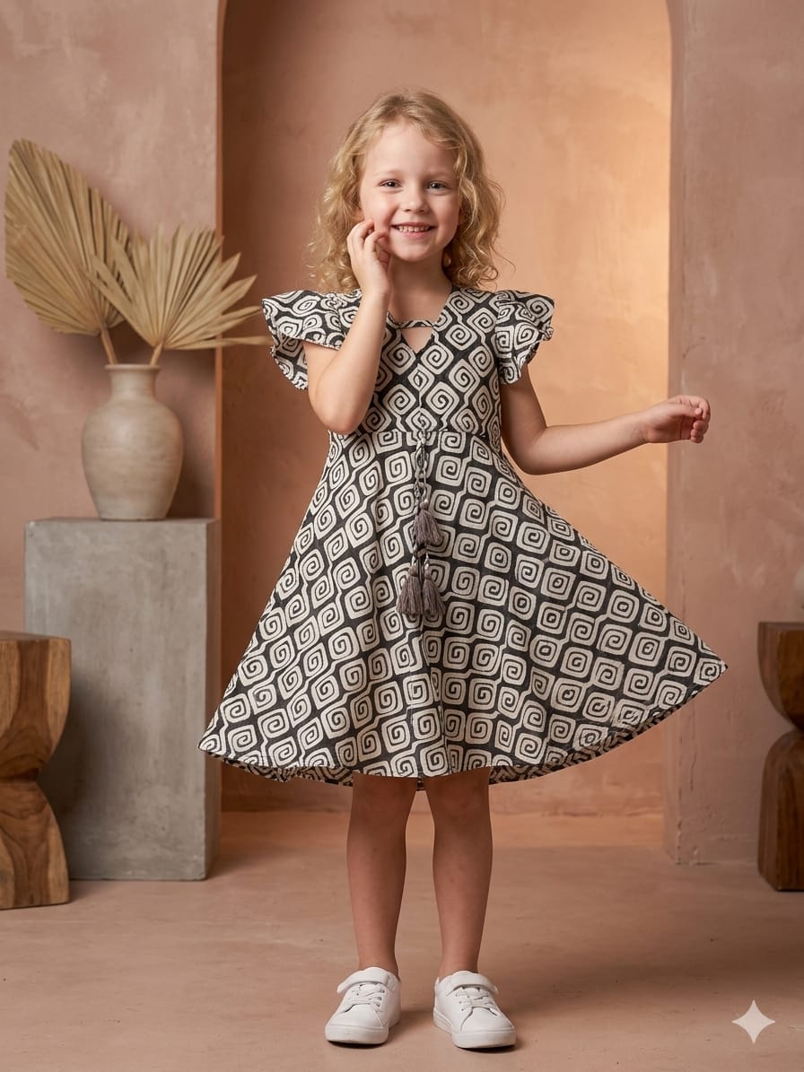 Baby Girls Black Spiral Printed Cotton Umbrella Style A-Line Dress with Flutter Sleeves