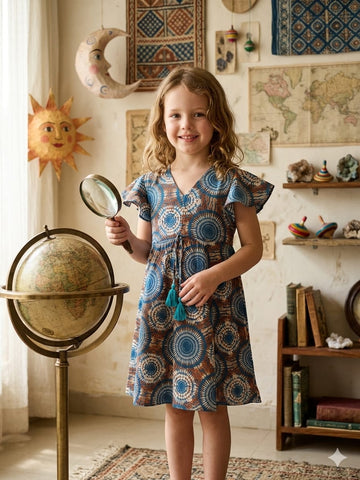 Baby Girls Blue Circular Printed Cotton Umbrella Style A-Line Dress with Flutter Sleeves