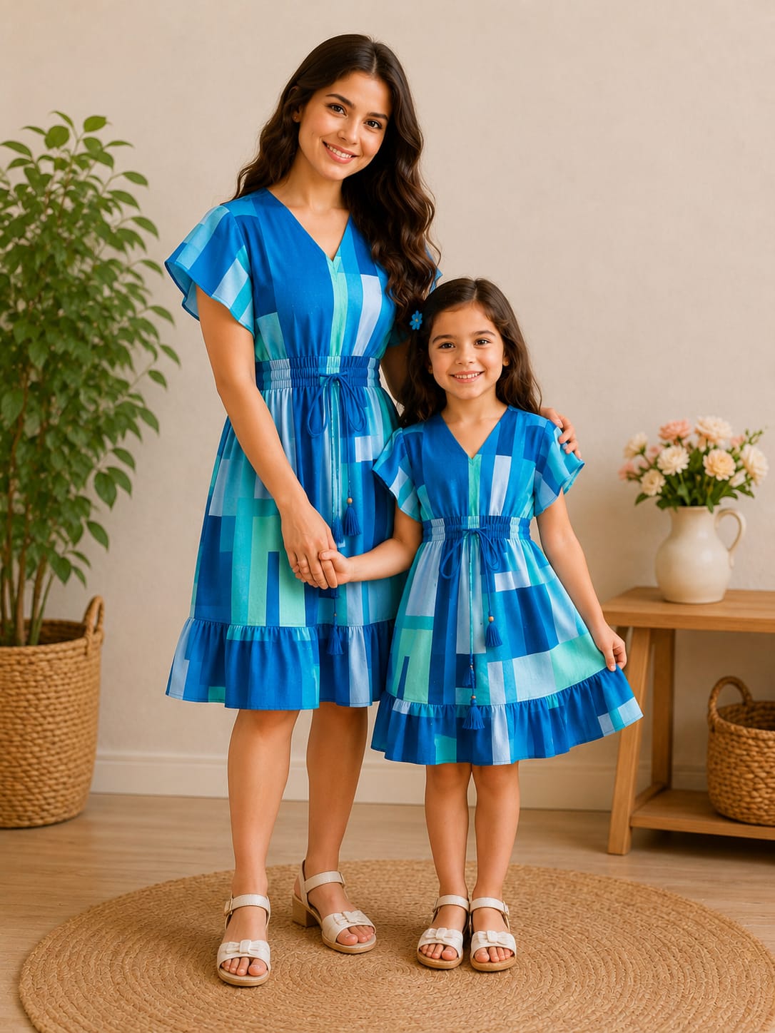 Azure Mosaic Elegance Mommy & Me Smocked Waist Vacation Dress Collection
