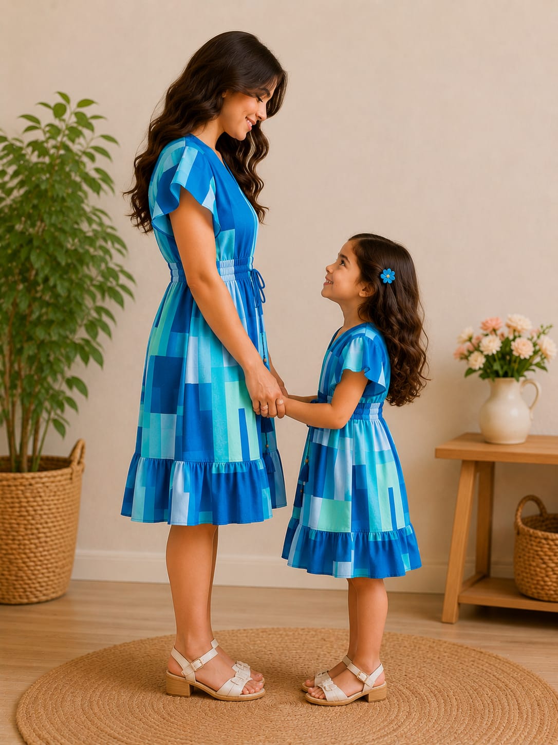Azure Mosaic Elegance Mommy & Me Smocked Waist Vacation Dress Collection