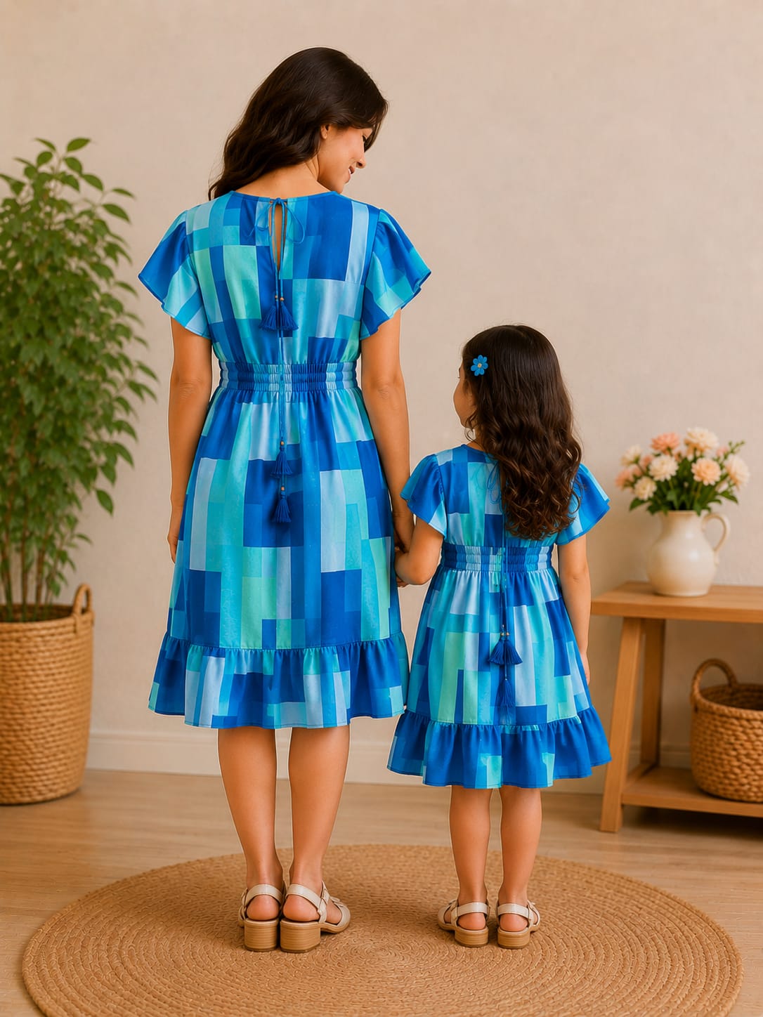 Azure Mosaic Elegance Mommy & Me Smocked Waist Vacation Dress Collection