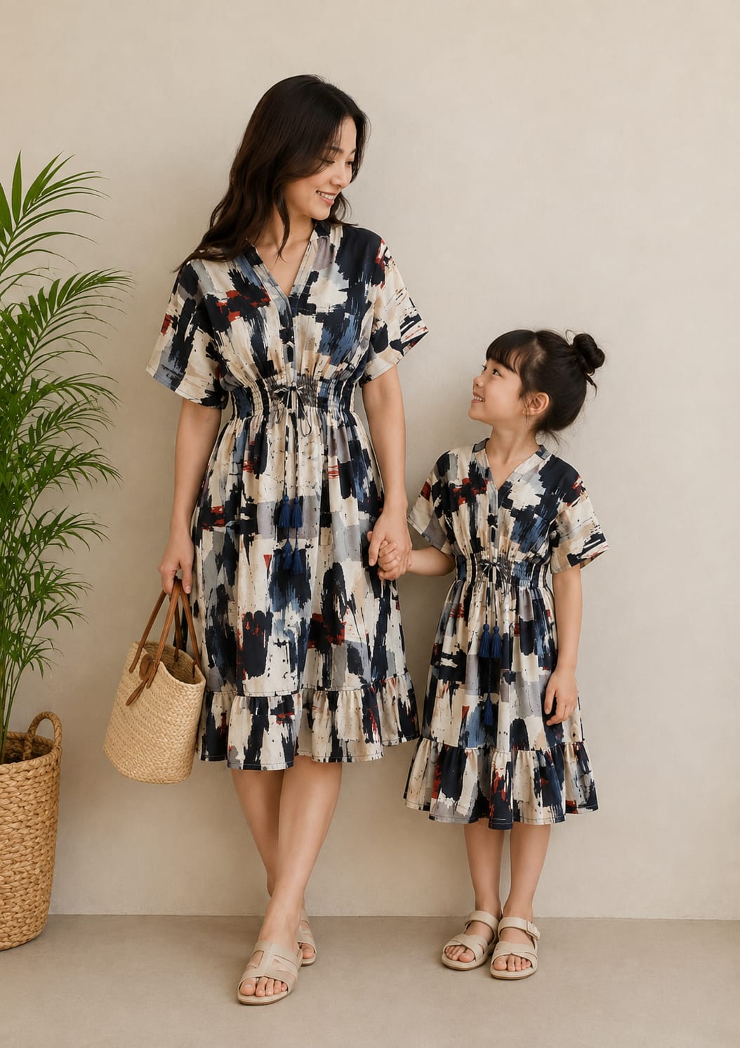 Mom & Daughter Abstract Brushstroke Printed Matching Flared Dress Set with Smocked Waist Detail