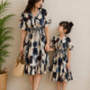 Mom & Daughter Abstract Brushstroke Printed Matching Flared Dress Set with Smocked Waist Detail
