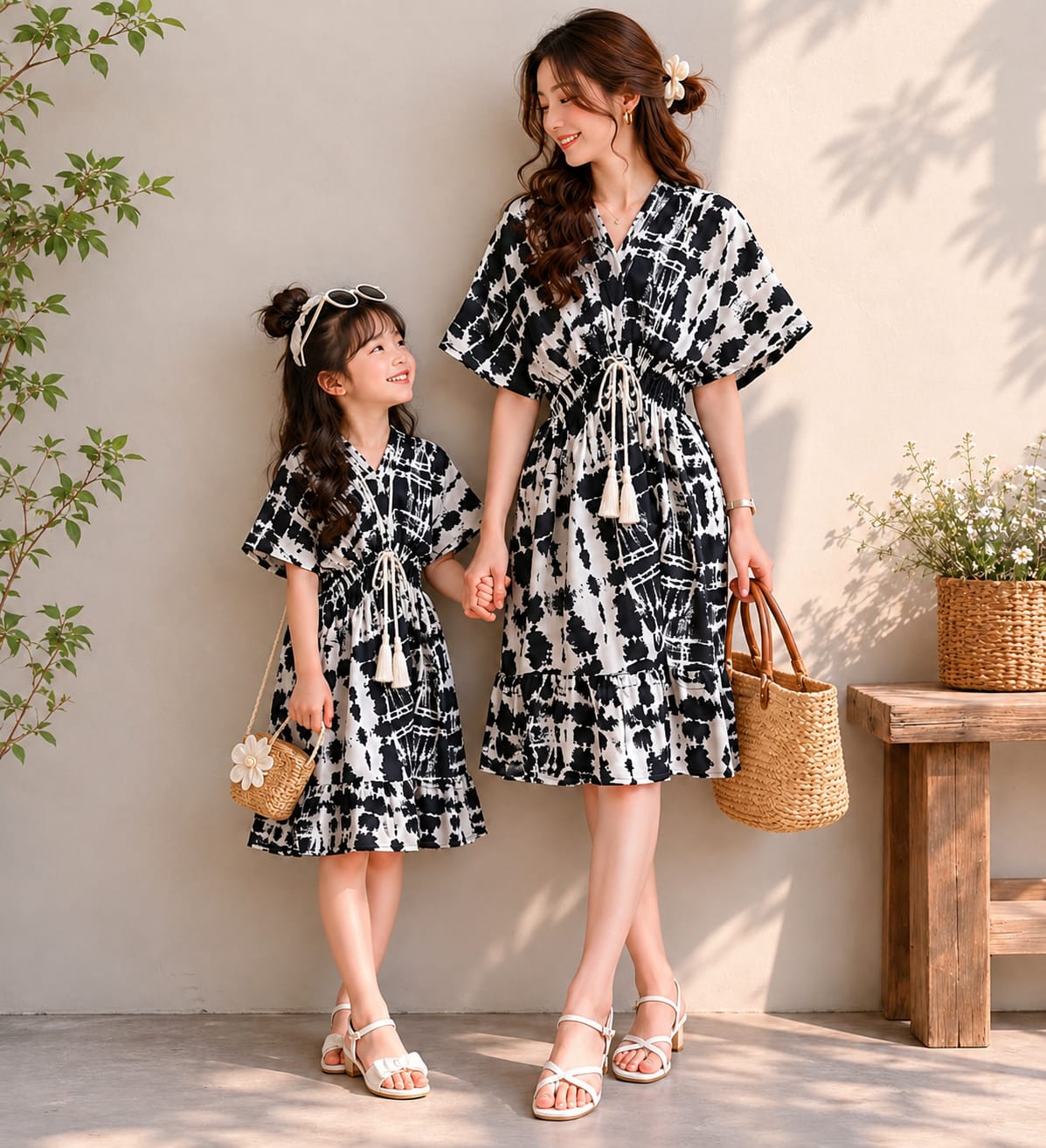 Mom & Daughter Monochrome Splash Printed Matching Flared Dress Set with Smocked Waist Detail