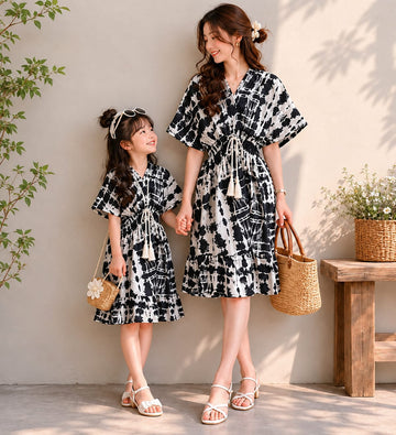 Mom & Daughter Monochrome Splash Printed Matching Flared Dress Set with Smocked Waist Detail