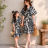 Mom & Daughter Monochrome Splash Printed Matching Flared Dress Set with Smocked Waist Detail