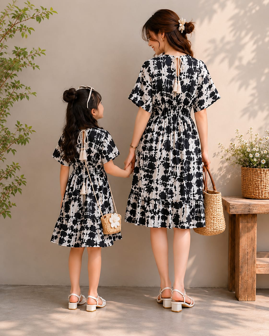 Mom & Daughter Monochrome Splash Printed Matching Flared Dress Set with Smocked Waist Detail