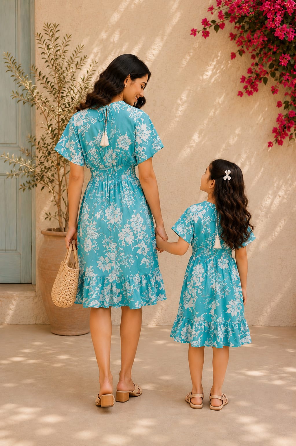 Mom & Daughter Aqua Bloom Printed Matching Smocked Waist Flared Dress Set with Tassel Tie-Up Detail