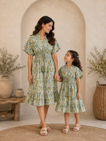 Mom & Daughter Sage Green Floral Printed Matching Smocked Waist Flared Dress Set with Tassel Tie-Up Detail