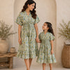 Mom & Daughter Sage Green Floral Printed Matching Smocked Waist Flared Dress Set with Tassel Tie-Up Detail