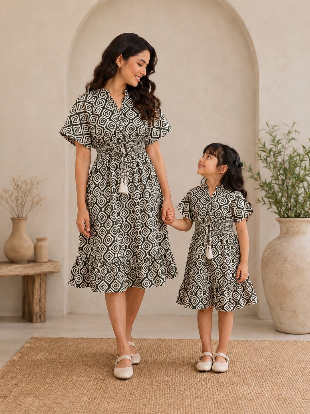 Mom & Daughter Monochrome Geometric Printed Matching Smocked Waist Flared Dress Set with Tassel Tie-Up Detail