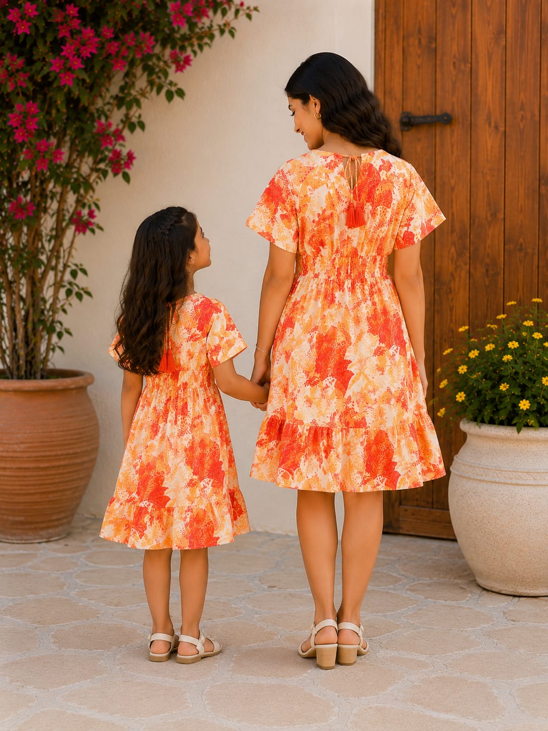 Mom & Daughter Orange Tropical Leaf Printed Matching Smocked Waist Flared Dress Set with Tassel Tie-Up Detail