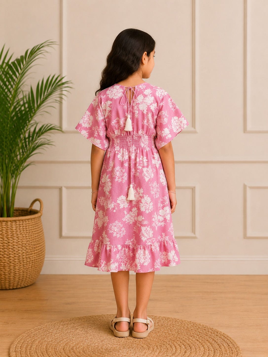 Girls Pink Floral Printed Cotton Dress with Smocked Waist & Ruffle Hem