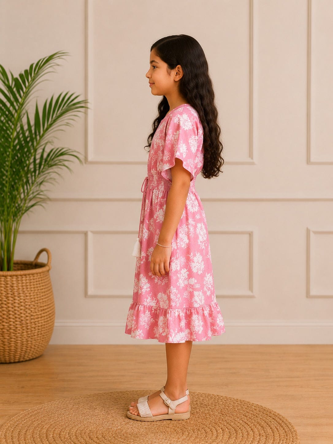 Girls Pink Floral Printed Cotton Dress with Smocked Waist & Ruffle Hem