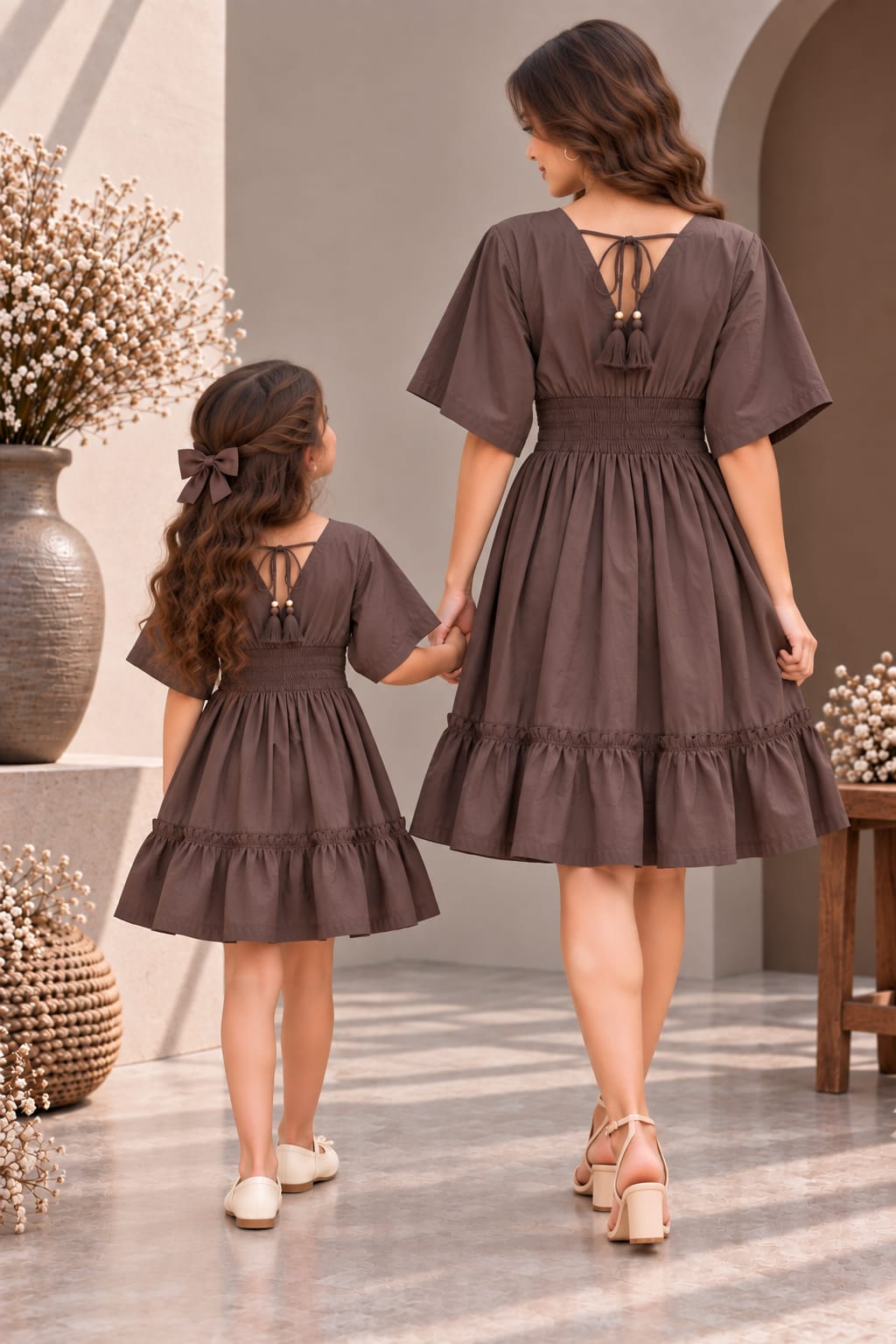 Mom & Daughter Mocha Brown Solid Cotton V-Neck Smocked Waist Flared Dress