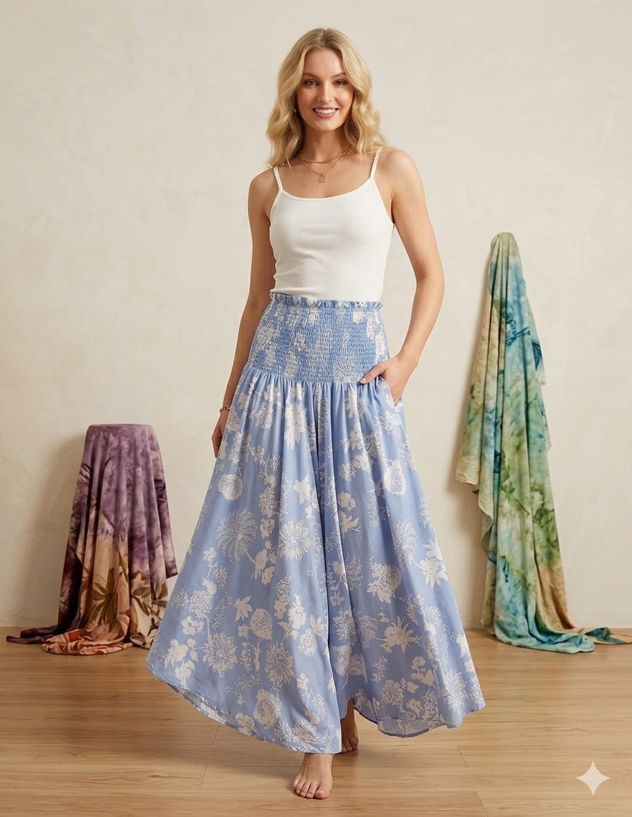 Elegant White Floral Printed Cotton Flared Palazzo Pants with Smocked Waist