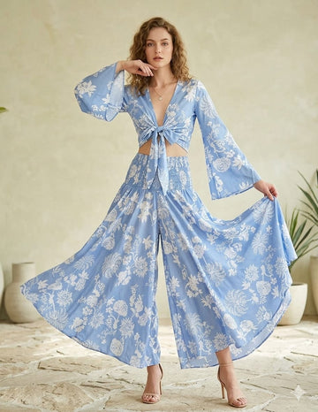 Women’s White Floral Printed Cotton Tie-Front Crop Top & Flared Palazzo Pant Co-ord Set