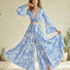 Women’s White Floral Printed Cotton Tie-Front Crop Top & Flared Palazzo Pant Co-ord Set