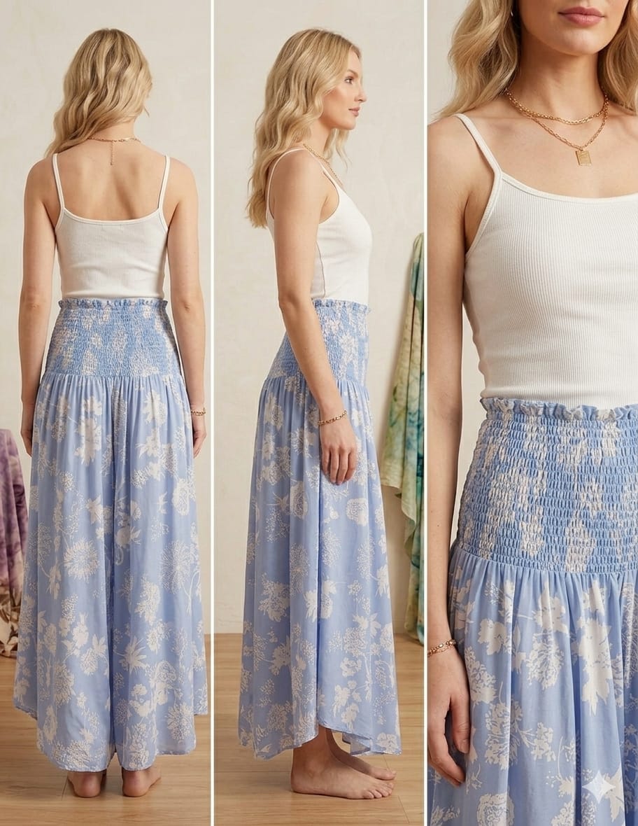 Elegant White Floral Printed Cotton Flared Palazzo Pants with Smocked Waist