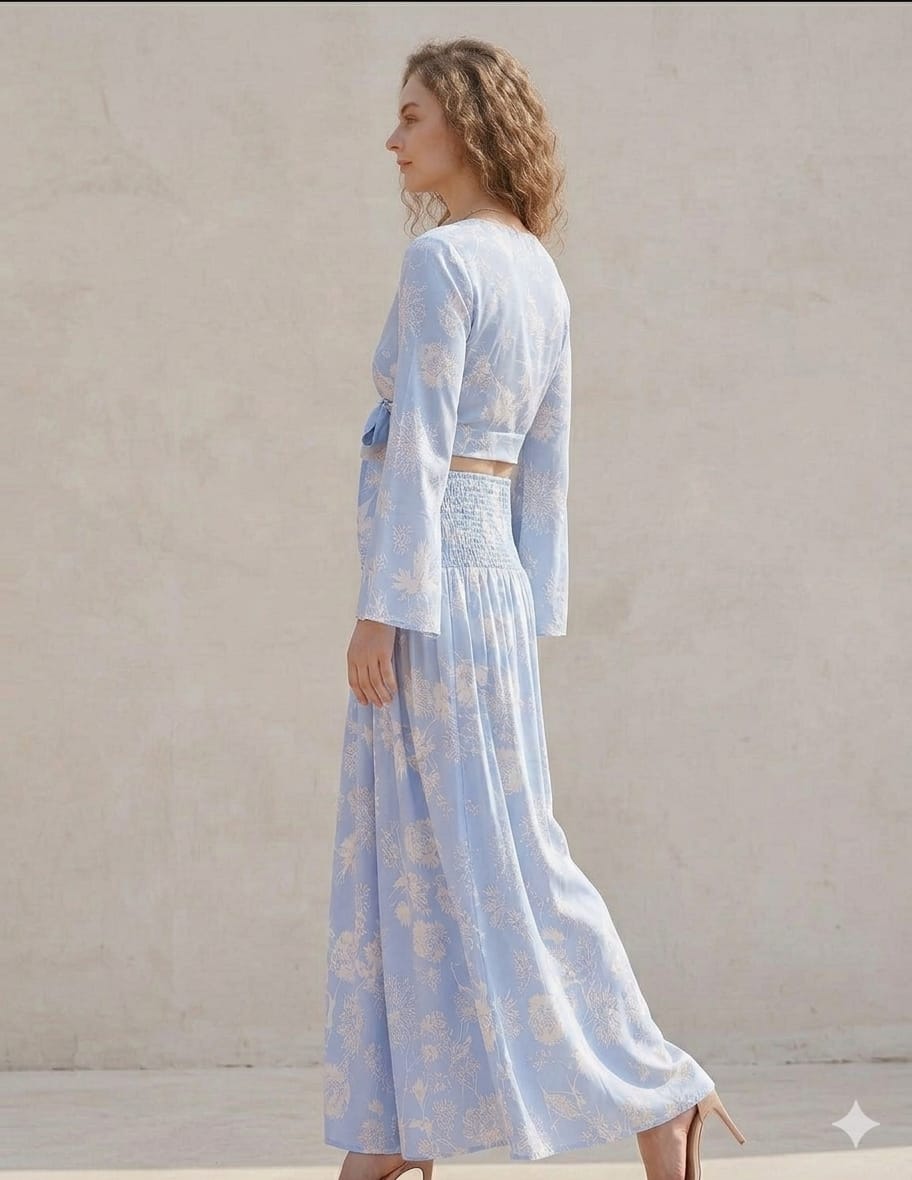 Women’s White Floral Printed Cotton Tie-Front Crop Top & Flared Palazzo Pant Co-ord Set