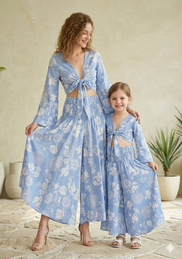 Mom & Me White Floral Printed Cotton Tie-Front Crop Top & Flared Palazzo Pant Co-ord Set
